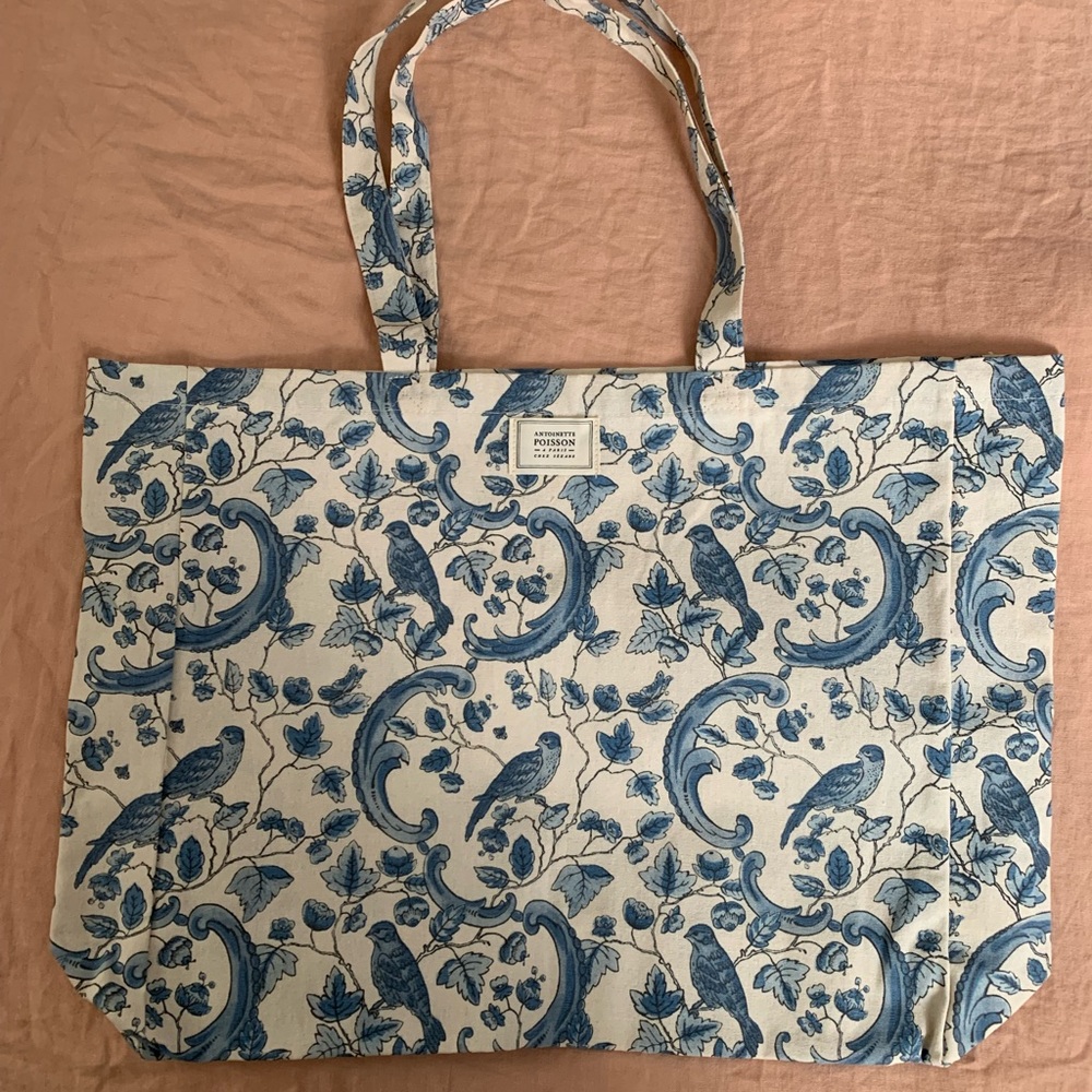 Sezane Antoinette Poisson Canvas Tote In Blue Bird Print
